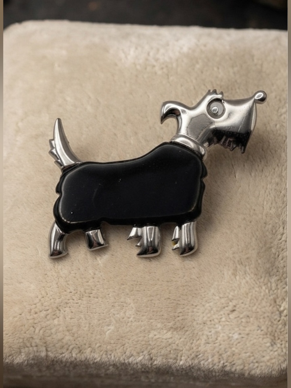 Large Silver-Tone & Black Enamel Scottie Dog Brooch Pin